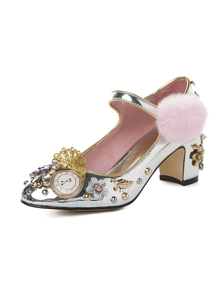 9.5CM Luxury Pompom Chunky Heels Retro Shoes