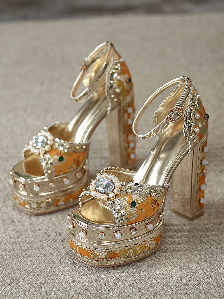 14CM Platform Luxury Flower Chunky Heels Sandals Retro Shoes