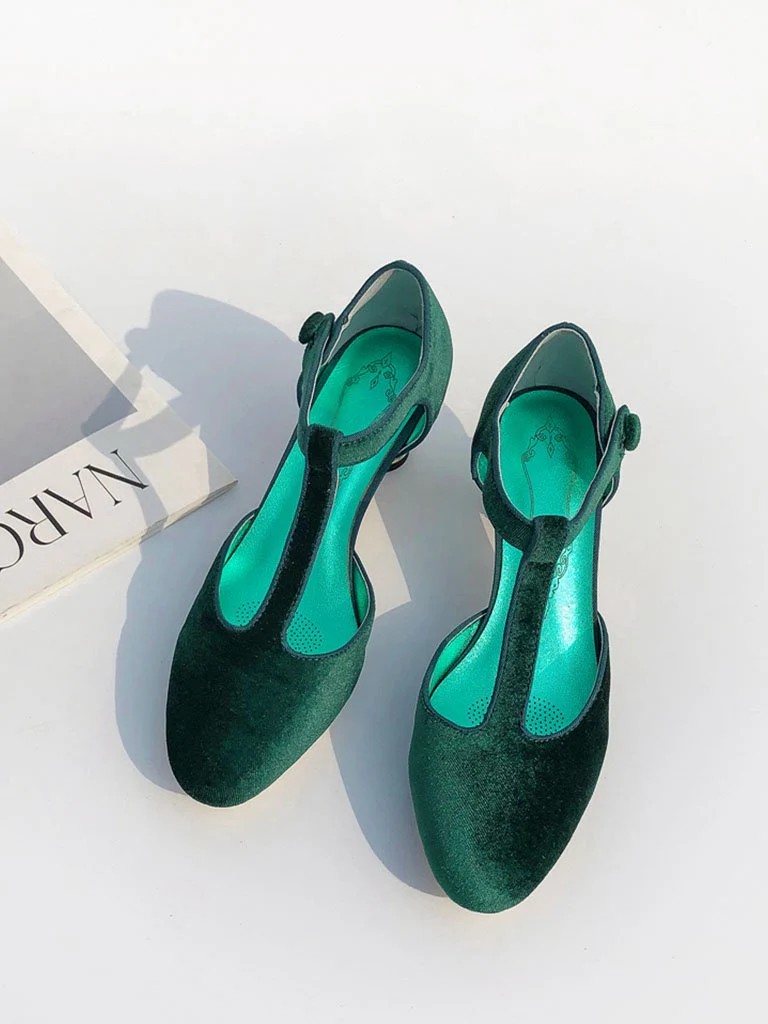 Velvet Rhinestone Chunky Heel  Vinatge Shoes