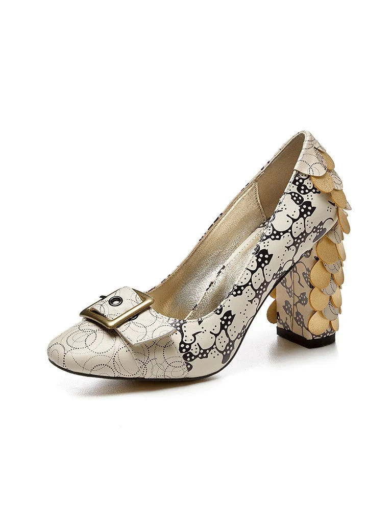 Stone Patten Petal Chunky Heel  Vinatge Shoes