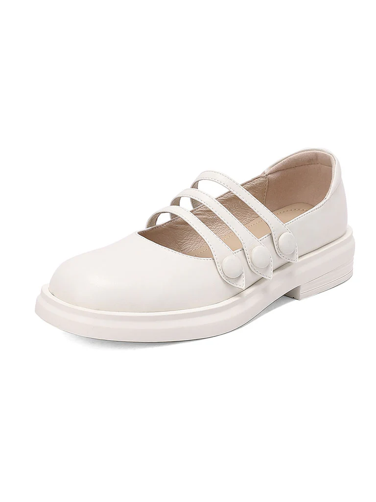White Women's Chunky Heel Mary Jane Square Toe Leather Vintage Shoes