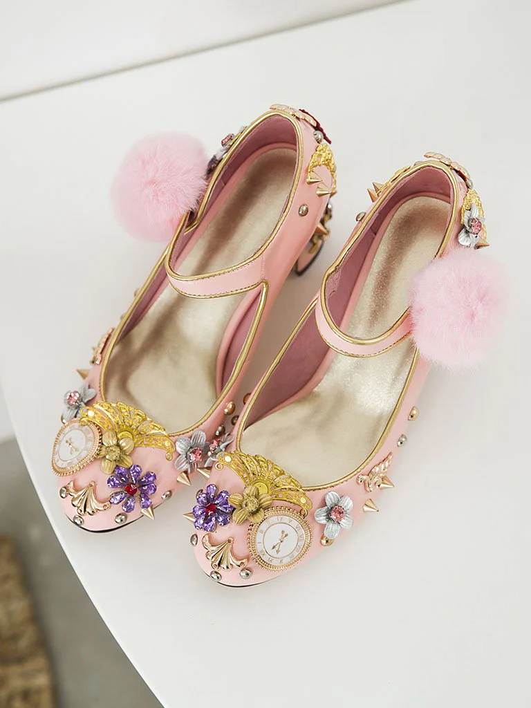 9.5CM Luxury Pompom Chunky Heels Retro Shoes