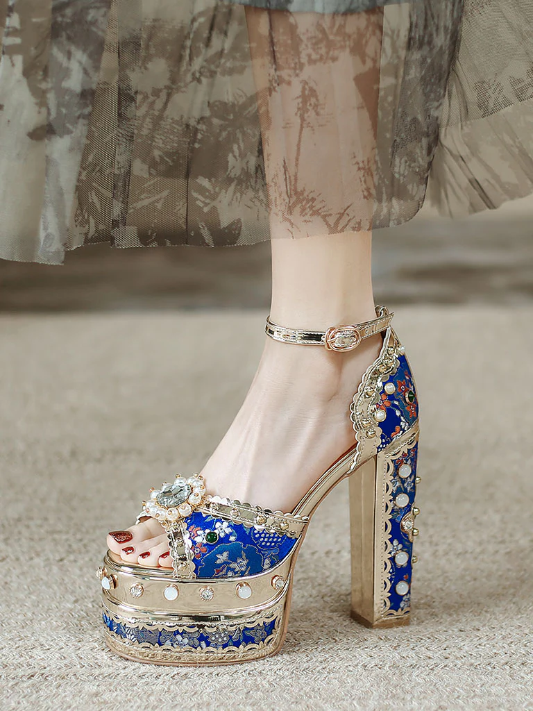 14CM Platform Luxury Flower Chunky Heels Sandals Retro Shoes