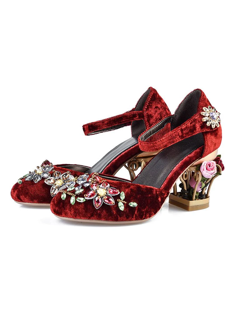 Luxury Womens Sheepskin Pointed Toe Flowers Rhinestones Mary Jane Vintage Pumps