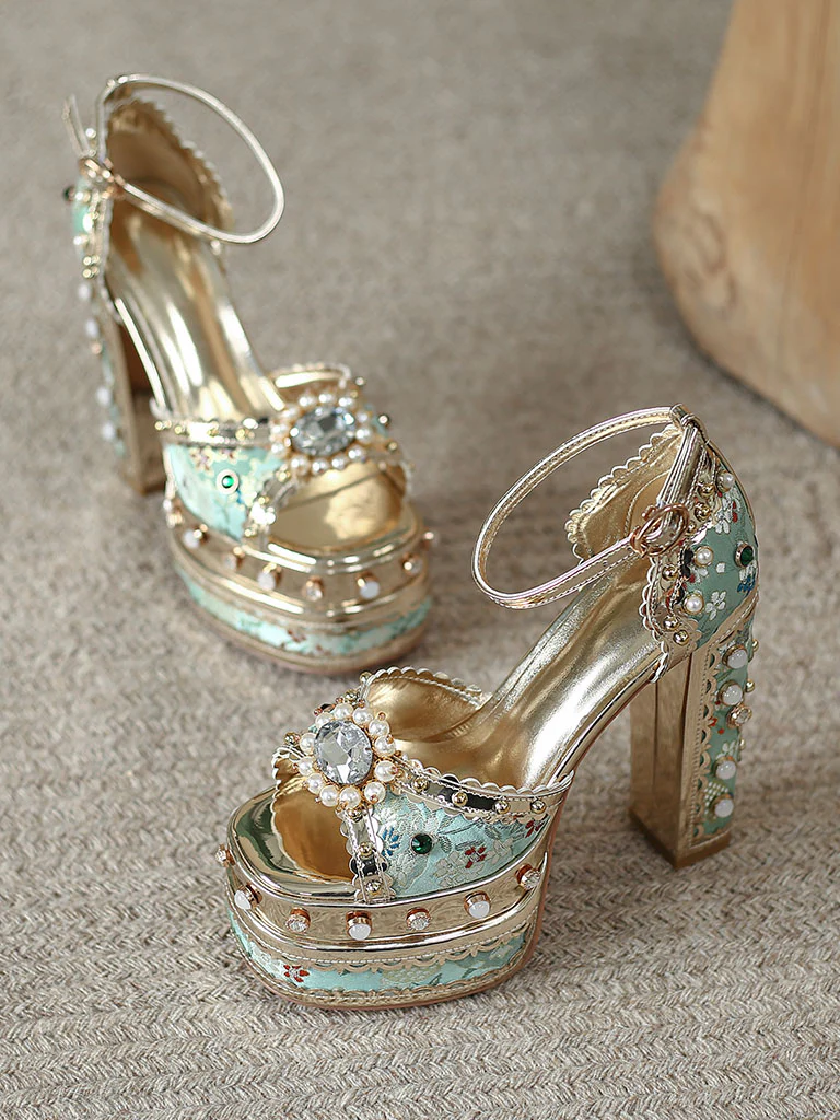 14CM Platform Luxury Flower Chunky Heels Sandals Retro Shoes