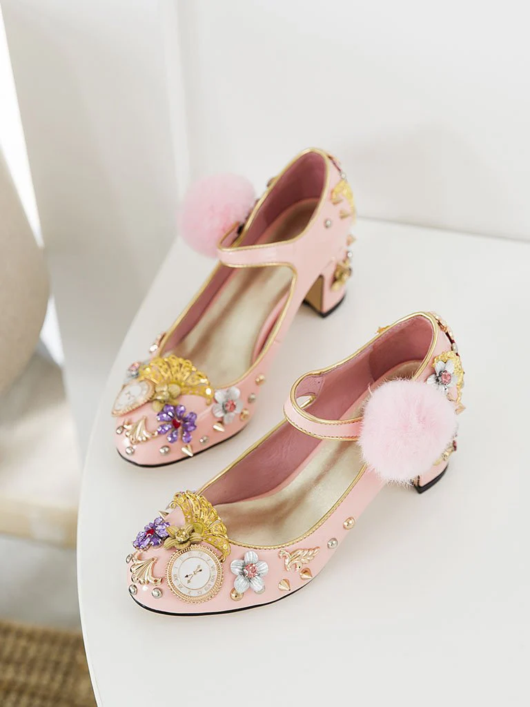 9.5CM Luxury Pompom Chunky Heels Retro Shoes