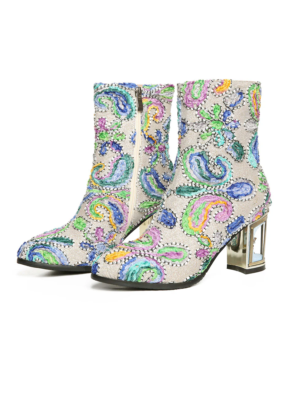 7CM Luxury Embroidered Chunky High Heel Platform Bootie Vintage Shoes