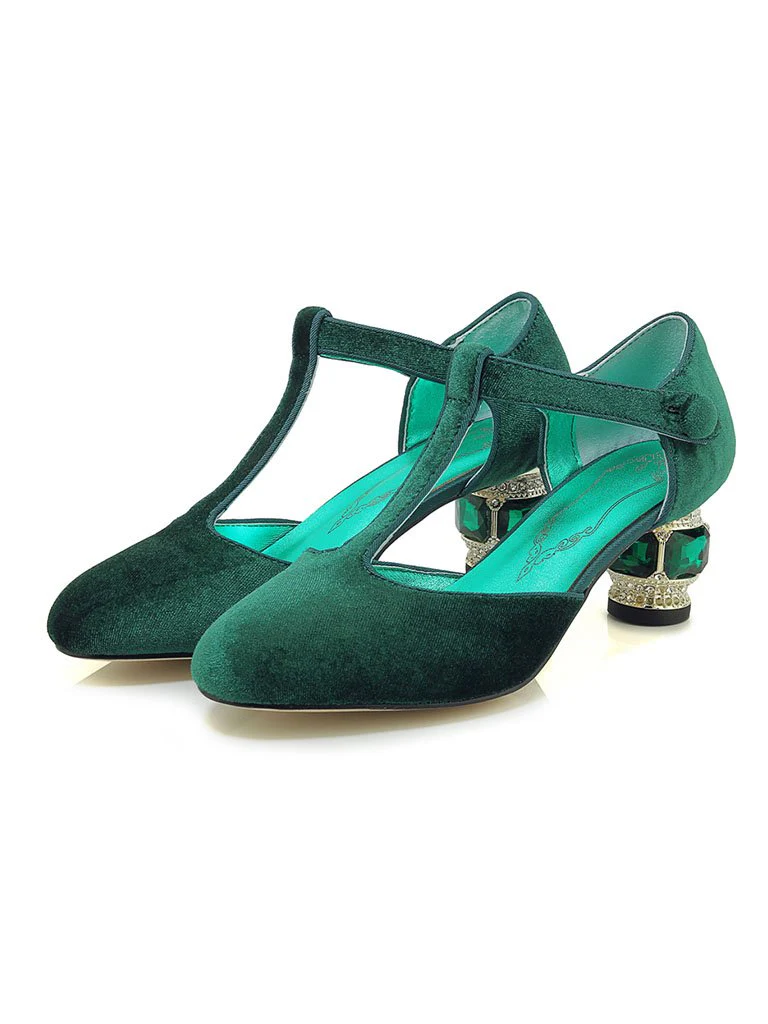 Velvet Rhinestone Chunky Heel  Vinatge Shoes