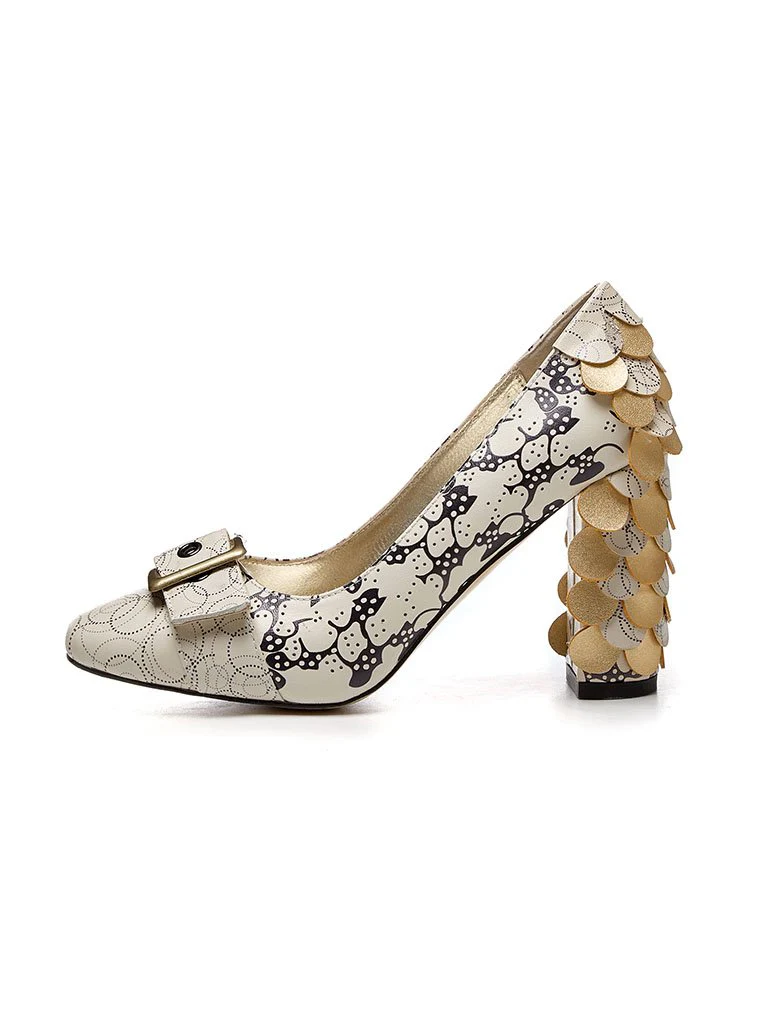 Stone Patten Petal Chunky Heel  Vinatge Shoes