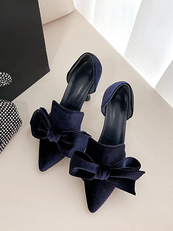 Big Bow Velvet Cylindrical Heel Pointed Toe Vinatge Shoes