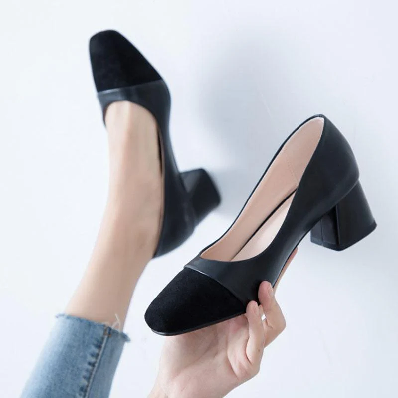 Women's Heel Pointed Cap-Toe Chunky Heel PU Leather