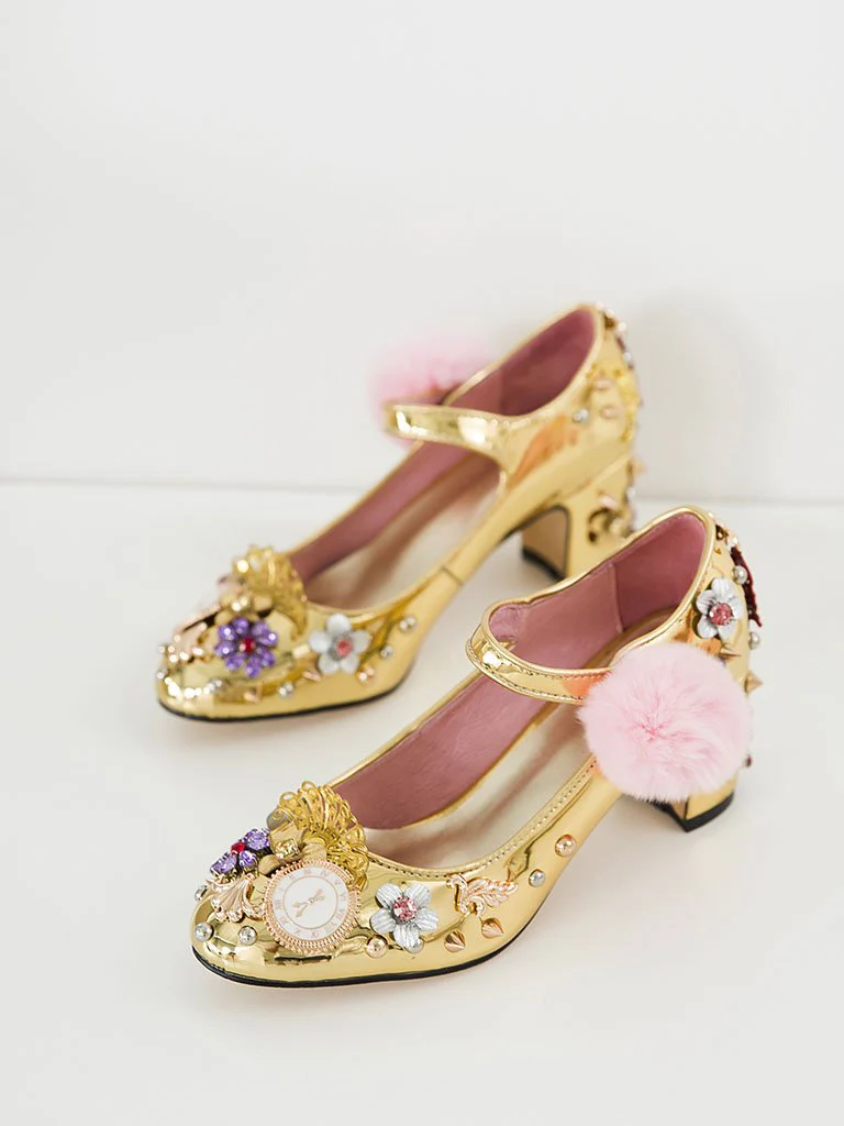 9.5CM Luxury Pompom Chunky Heels Retro Shoes