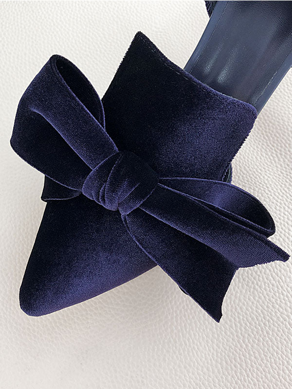 Big Bow Velvet Cylindrical Heel Pointed Toe Vinatge Shoes