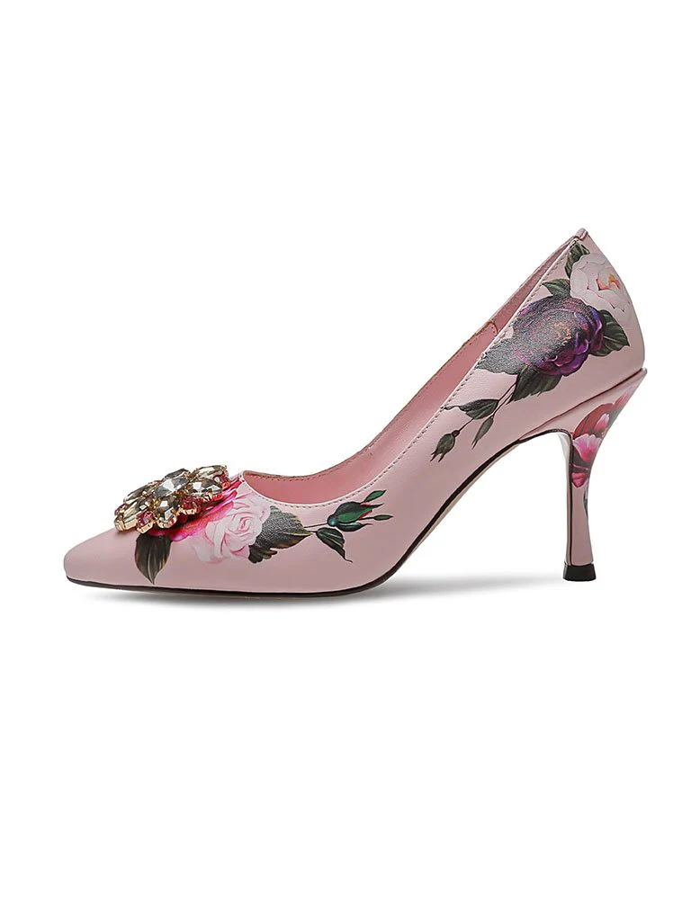 Rose Print Rhinestone Stiletto Heel Vinatge Shoes