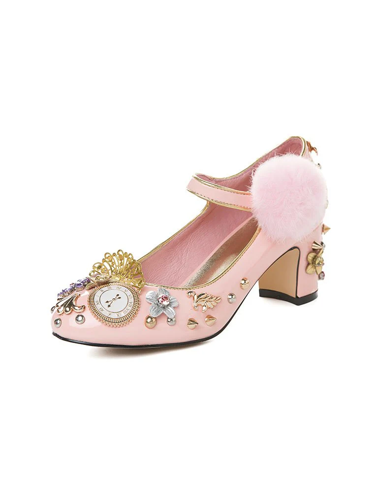 9.5CM Luxury Pompom Chunky Heels Retro Shoes