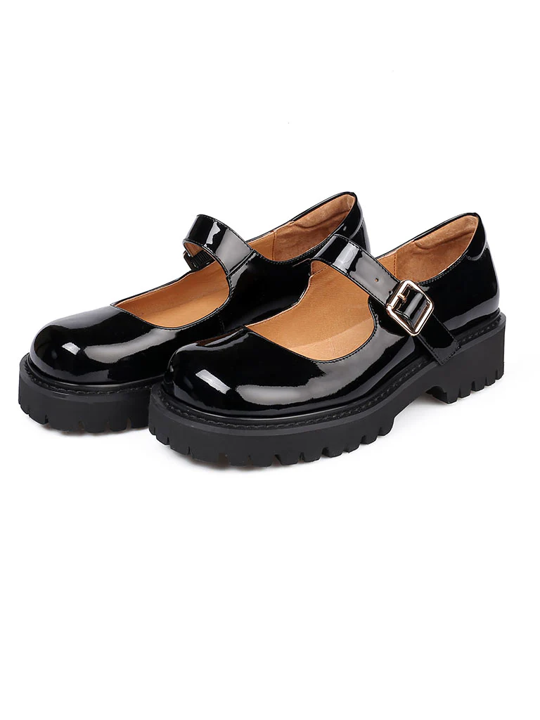 Black Women's Platform Shoes Square Toe Leather Vintage Shoes