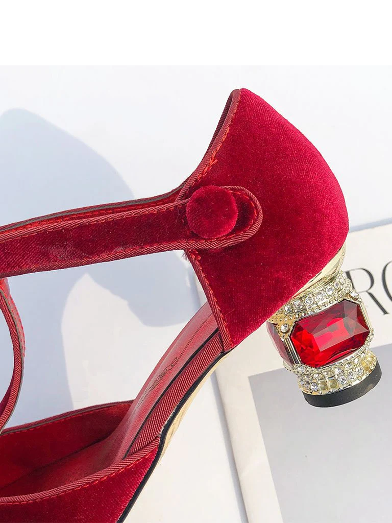 Velvet Rhinestone Chunky Heel  Vinatge Shoes