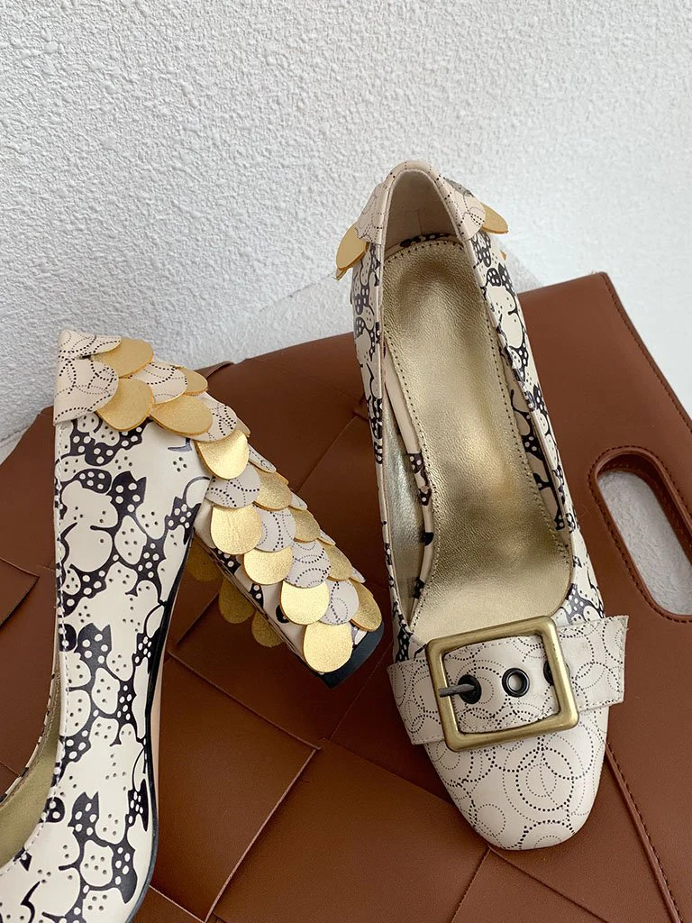 Stone Patten Petal Chunky Heel  Vinatge Shoes