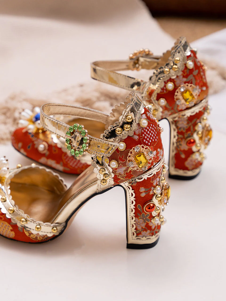 10CM Luxury Flower Chunky Heels Retro Shoes