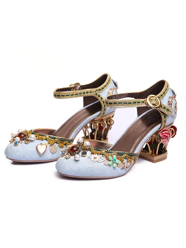 Luxury Floral Gem Studded Heels Ankle Strap Vintage Wedding Shoes