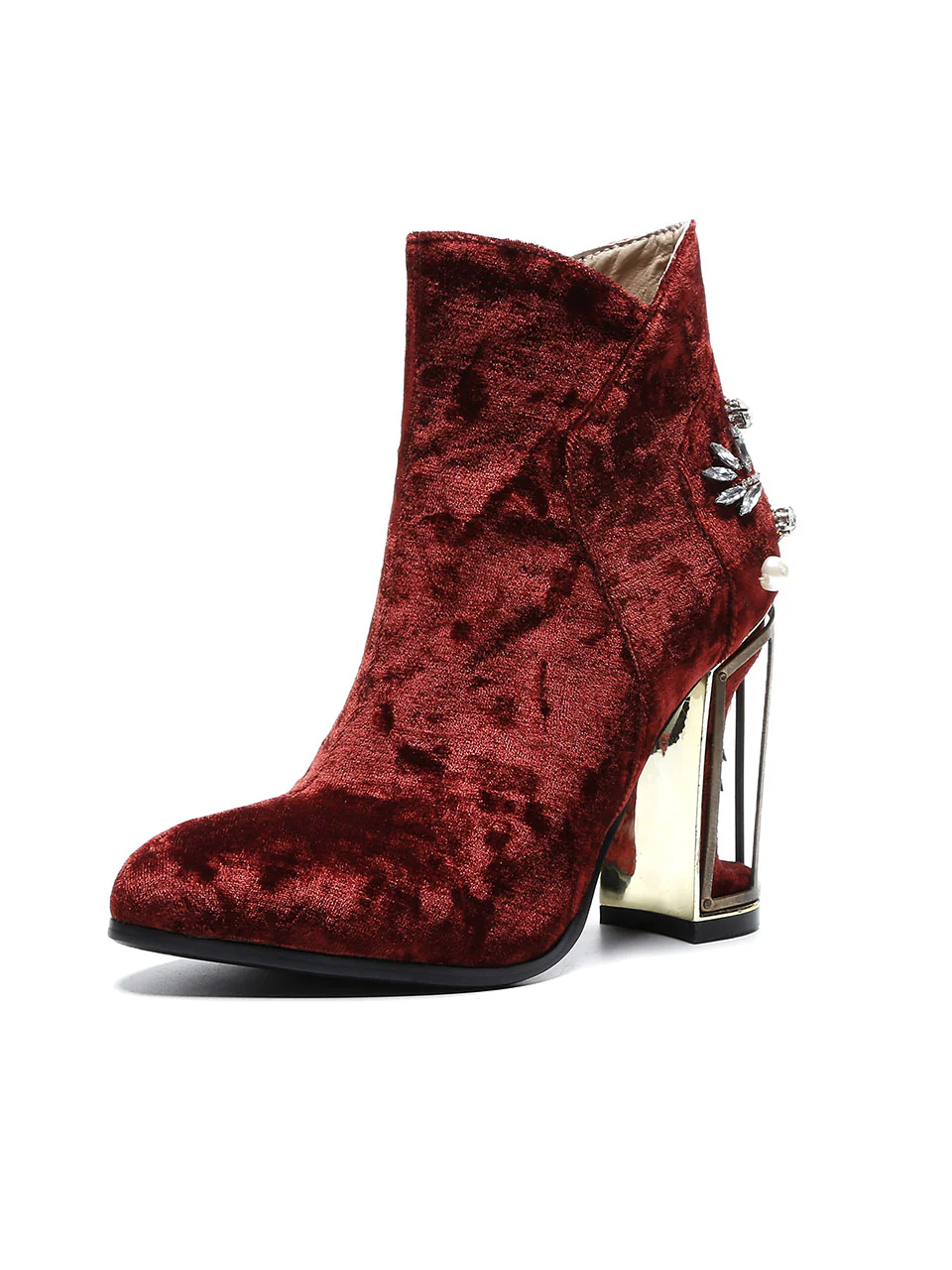 9CM Luxury Pearls And Diamonds Flowers Chunky High Heel Bootie Vintage Shoes