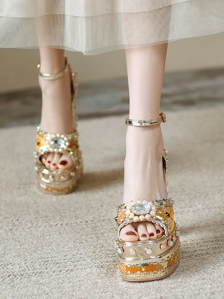 14CM Platform Luxury Flower Chunky Heels Sandals Retro Shoes