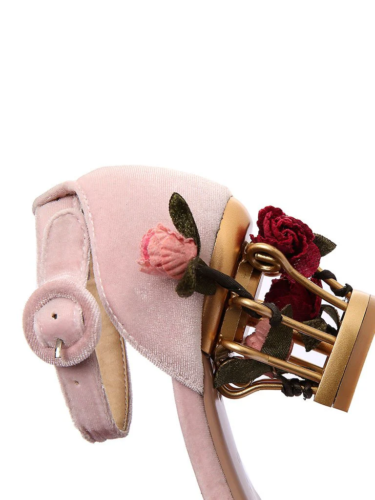 Luxury Velvet Shoes Women Round Toe Gold Metallic Fretwork Floral Heels