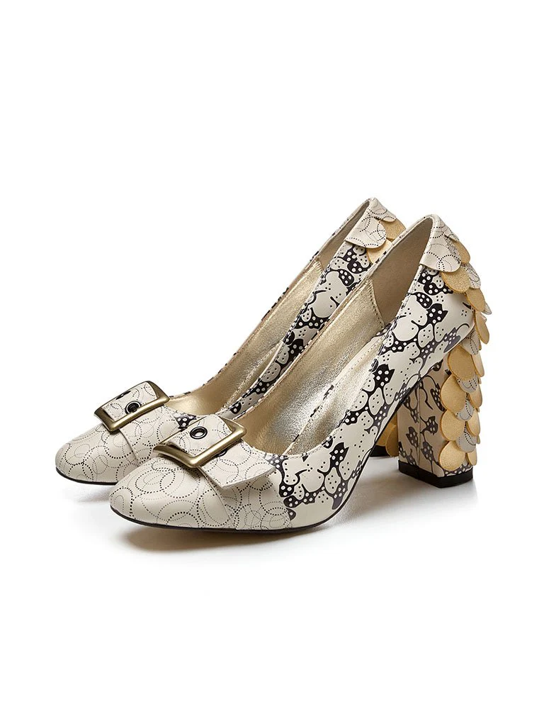 Stone Patten Petal Chunky Heel  Vinatge Shoes