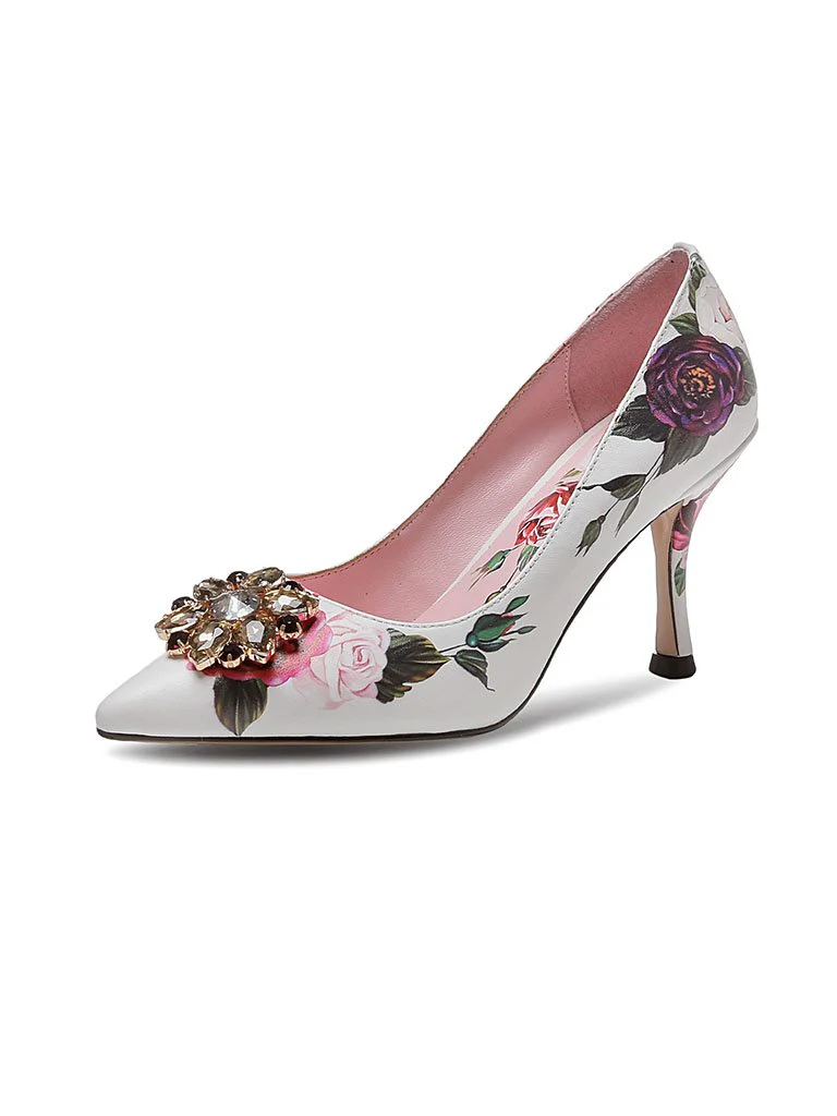 Rose Print Rhinestone Stiletto Heel Vinatge Shoes