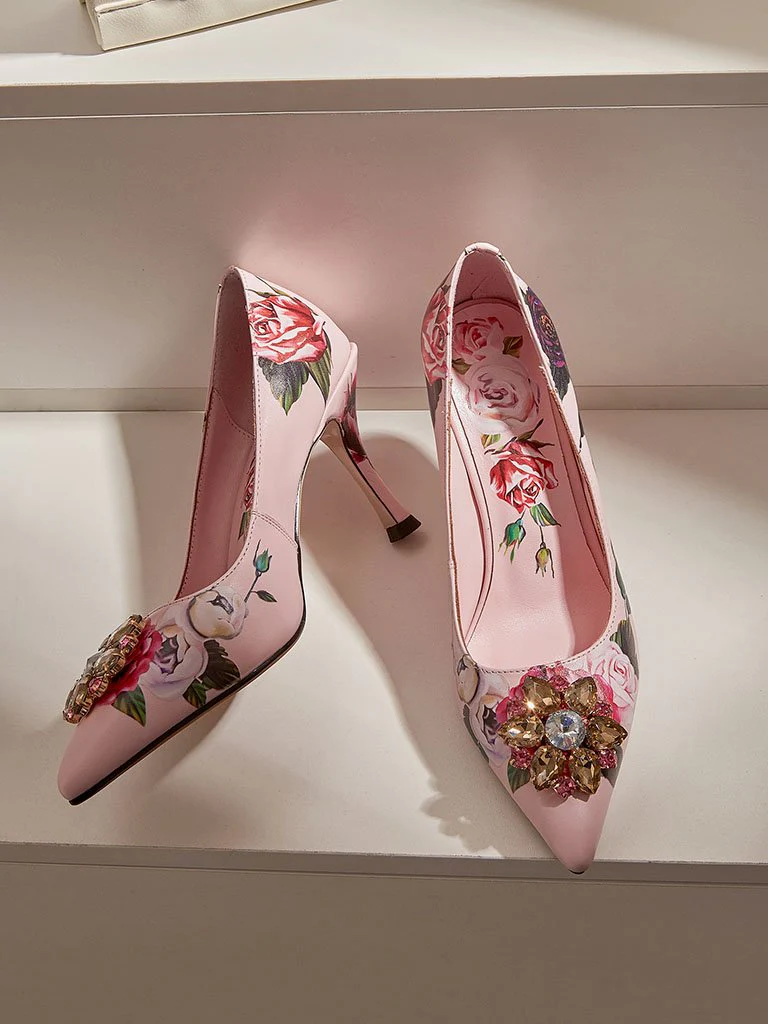 Rose Print Rhinestone Stiletto Heel Vinatge Shoes