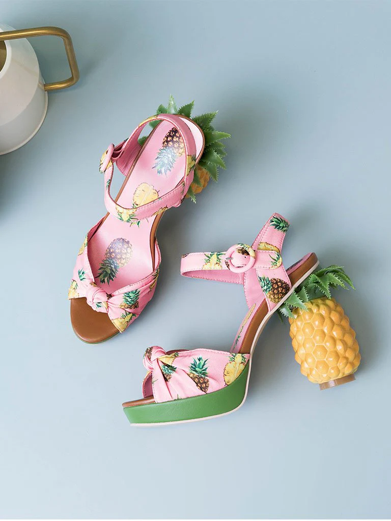 Fruit Heel Pineapple Print Platform Bow Vinatge Sandals