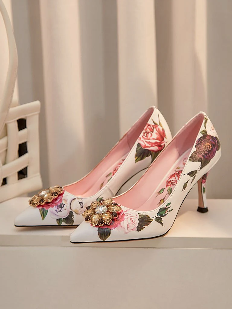 Rose Print Rhinestone Stiletto Heel Vinatge Shoes