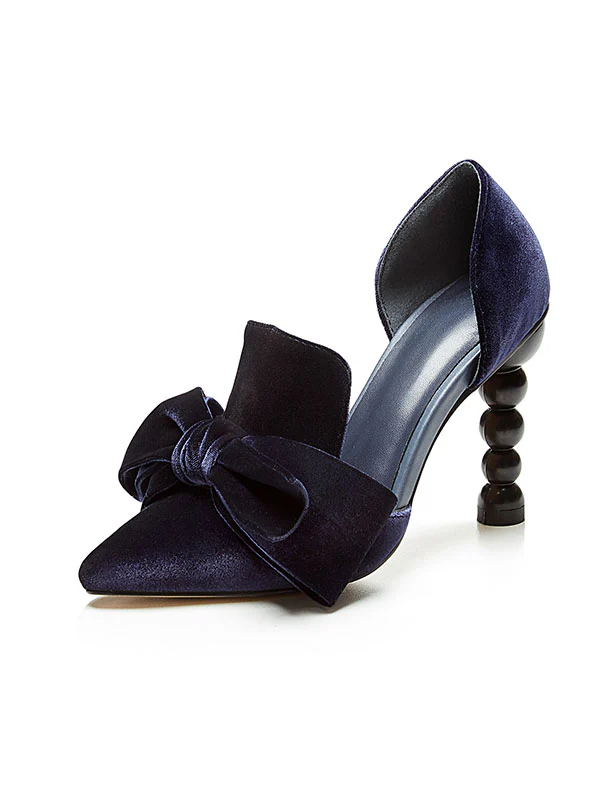 Big Bow Velvet Cylindrical Heel Pointed Toe Vinatge Shoes
