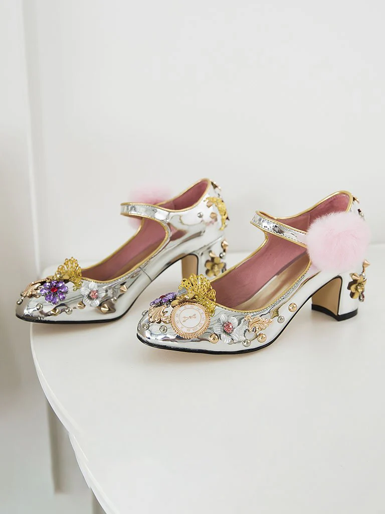 9.5CM Luxury Pompom Chunky Heels Retro Shoes