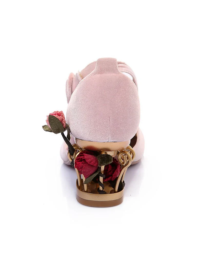 Luxury Velvet Shoes Women Round Toe Gold Metallic Fretwork Floral Heels