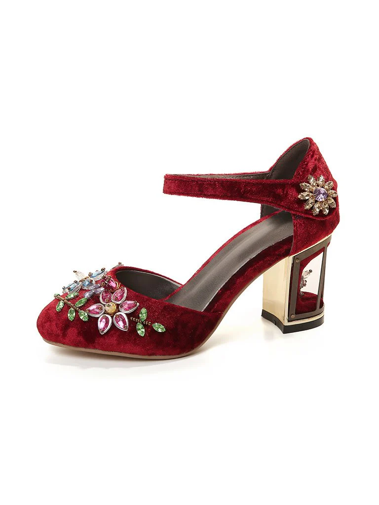 Luxury Womens Rhinestone Embroidery Crystal Flower Mary Janes Pumps