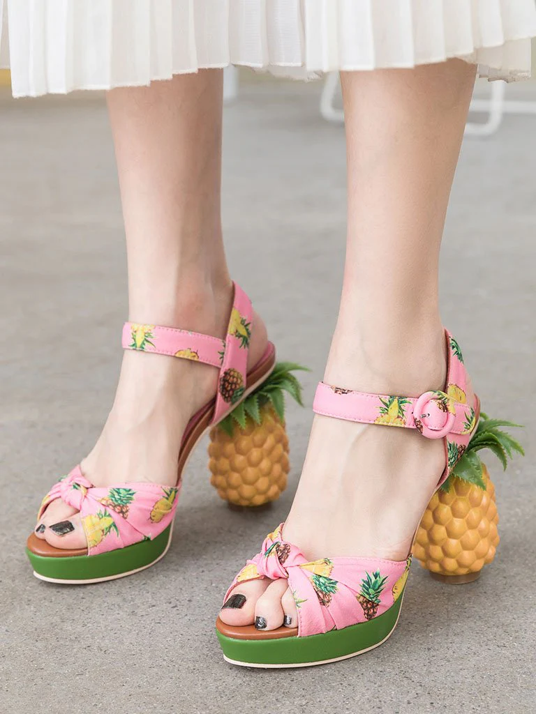 Fruit Heel Pineapple Print Platform Bow Vinatge Sandals