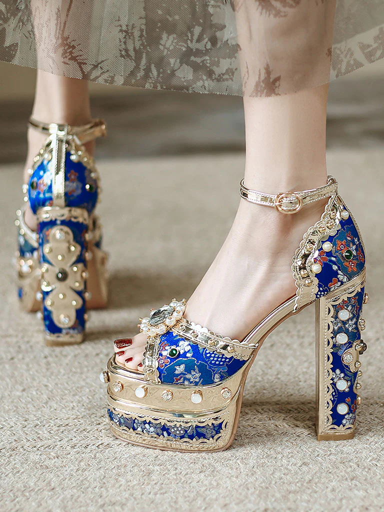 14CM Platform Luxury Flower Chunky Heels Sandals Retro Shoes