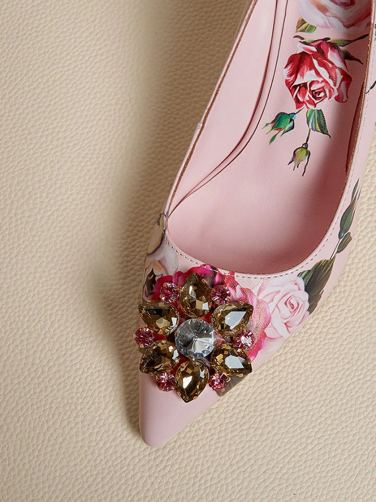 Rose Print Rhinestone Stiletto Heel Vinatge Shoes