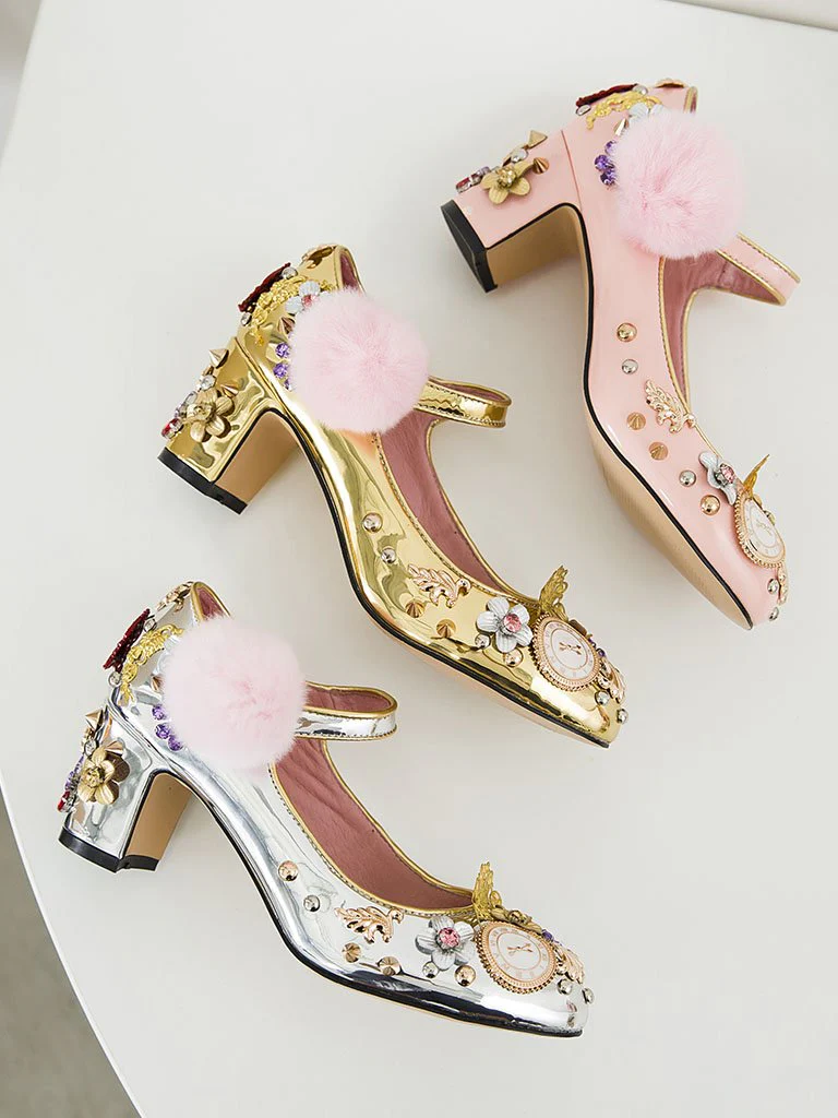 9.5CM Luxury Pompom Chunky Heels Retro Shoes