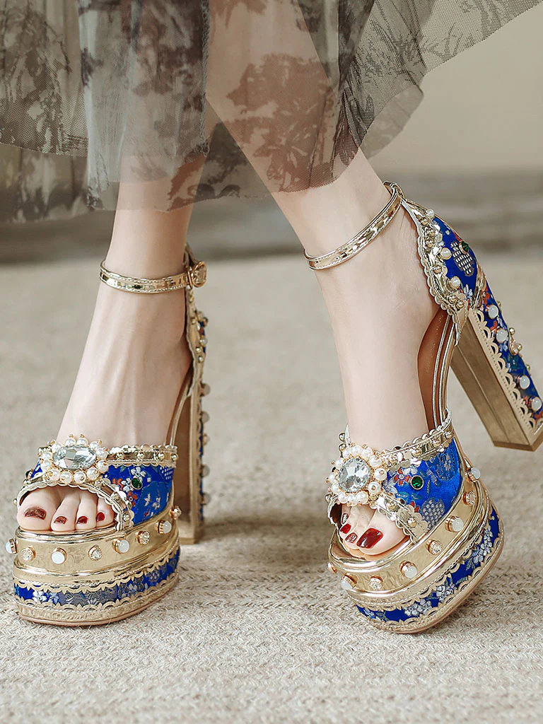 14CM Platform Luxury Flower Chunky Heels Sandals Retro Shoes
