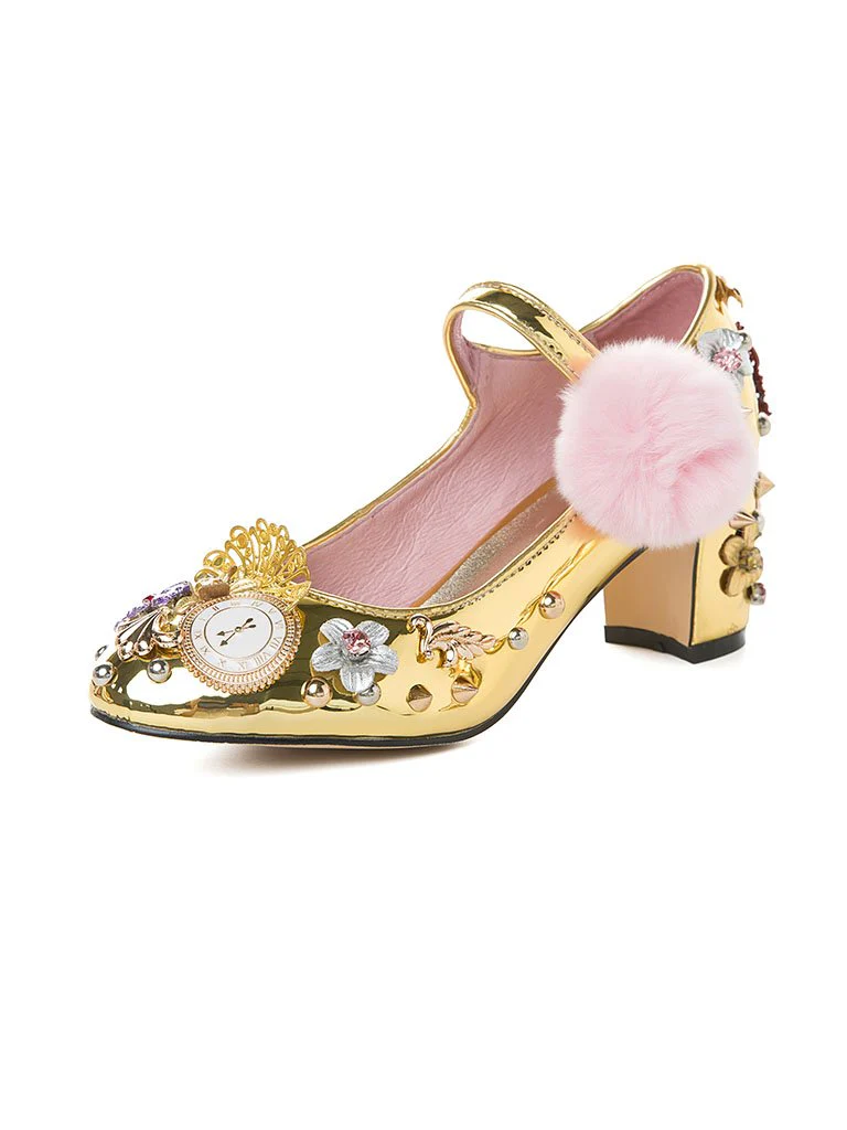 9.5CM Luxury Pompom Chunky Heels Retro Shoes