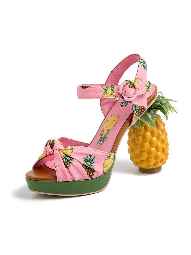 Fruit Heel Pineapple Print Platform Bow Vinatge Sandals