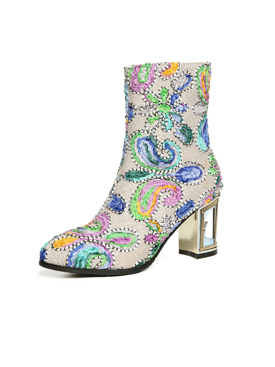 7CM Luxury Embroidered Chunky High Heel Platform Bootie Vintage Shoes