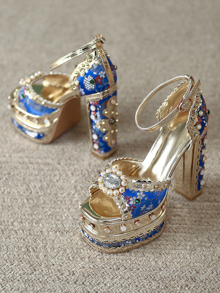 14CM Platform Luxury Flower Chunky Heels Sandals Retro Shoes