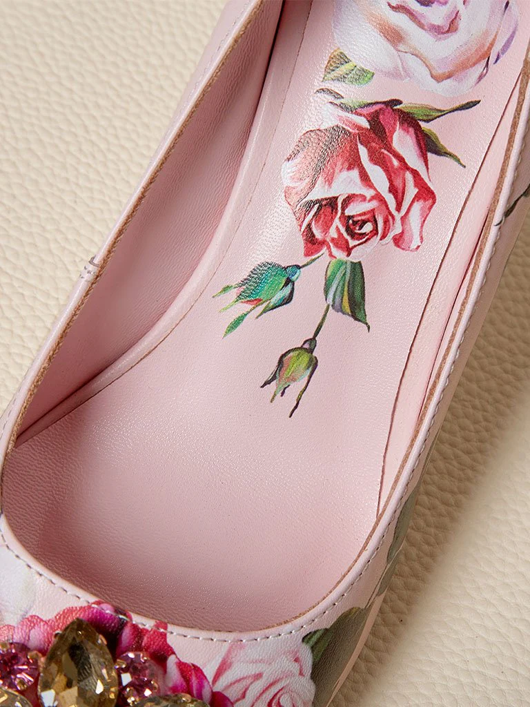Rose Print Rhinestone Stiletto Heel Vinatge Shoes