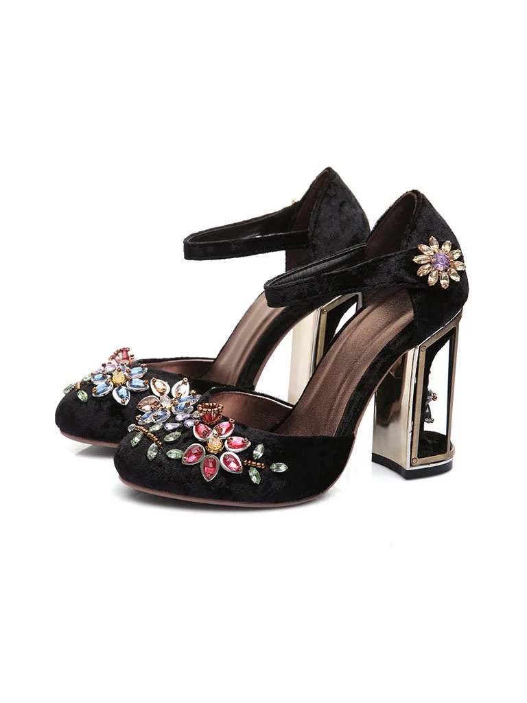 Luxury Rhinestone DecorationHandmade Mary Jane Pumps Vintage Heels