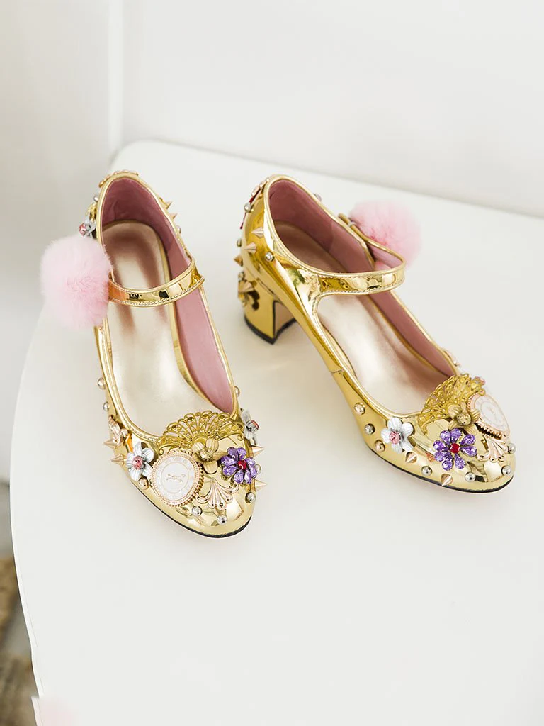 9.5CM Luxury Pompom Chunky Heels Retro Shoes