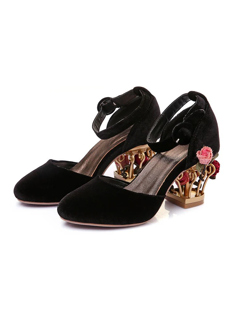 Luxury Velvet Shoes Women Round Toe Gold Metallic Fretwork Floral Heels