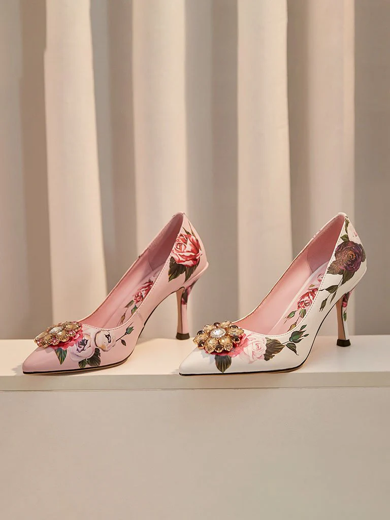 Rose Print Rhinestone Stiletto Heel Vinatge Shoes